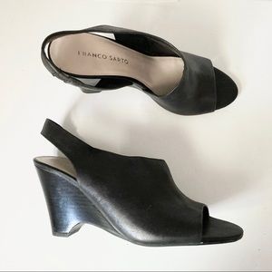 Franco Sarto Tahoe Black Leather Peep Toe Slingback Wedge Sandal Size 7.5M